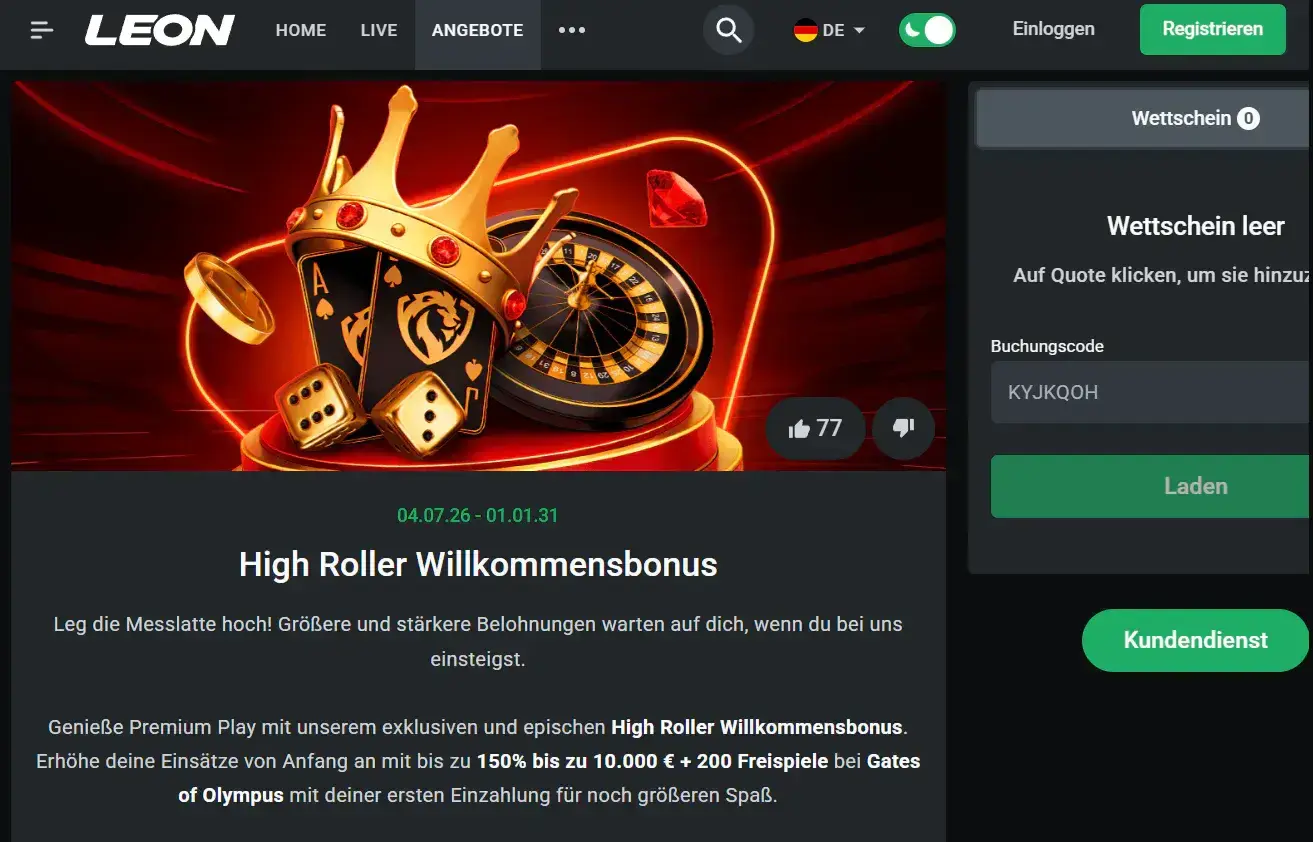 Aktuelle Leon-Bonusansicht mit Angebotsdetails