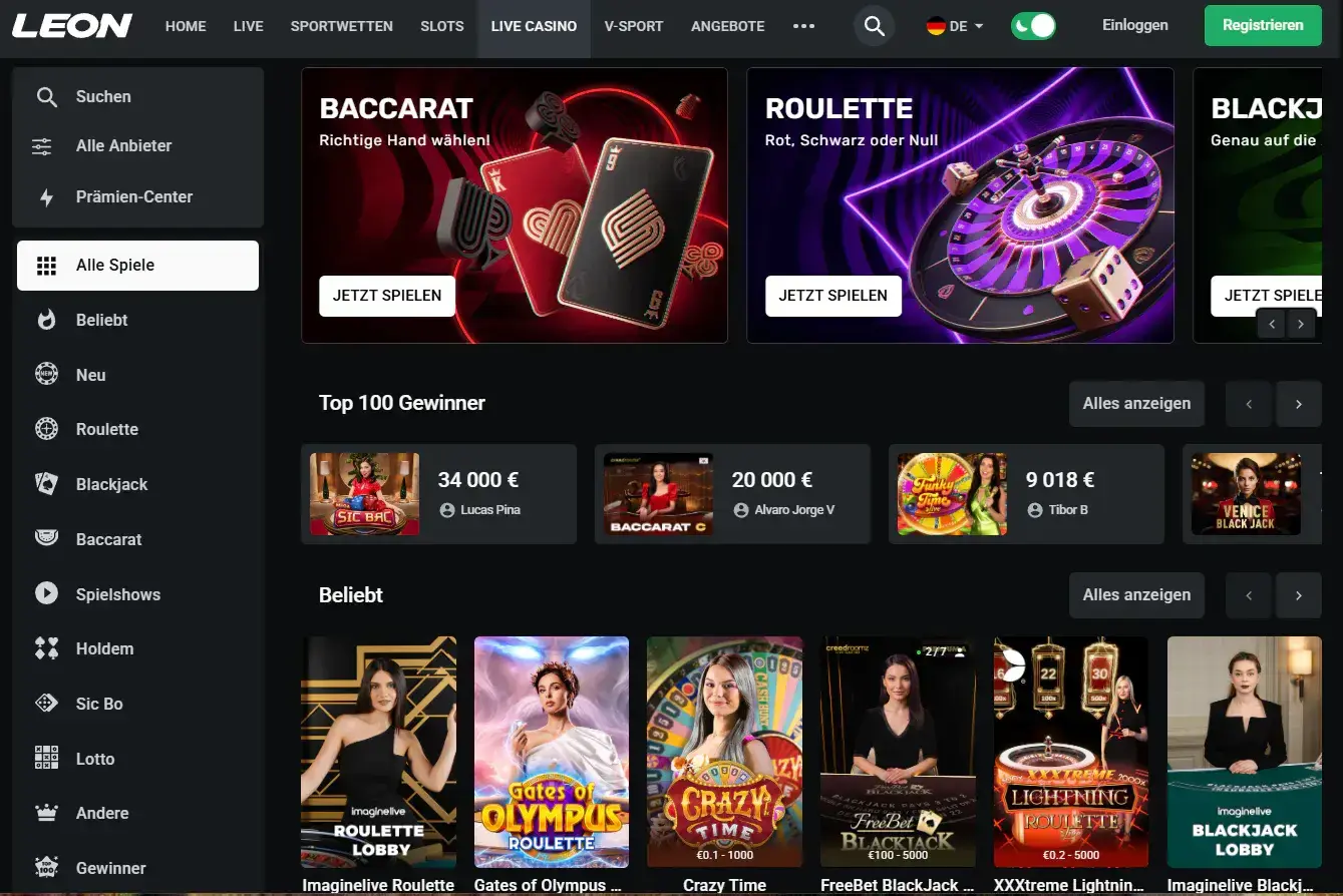 Aktuelle Leon Live-Casino-Lobby