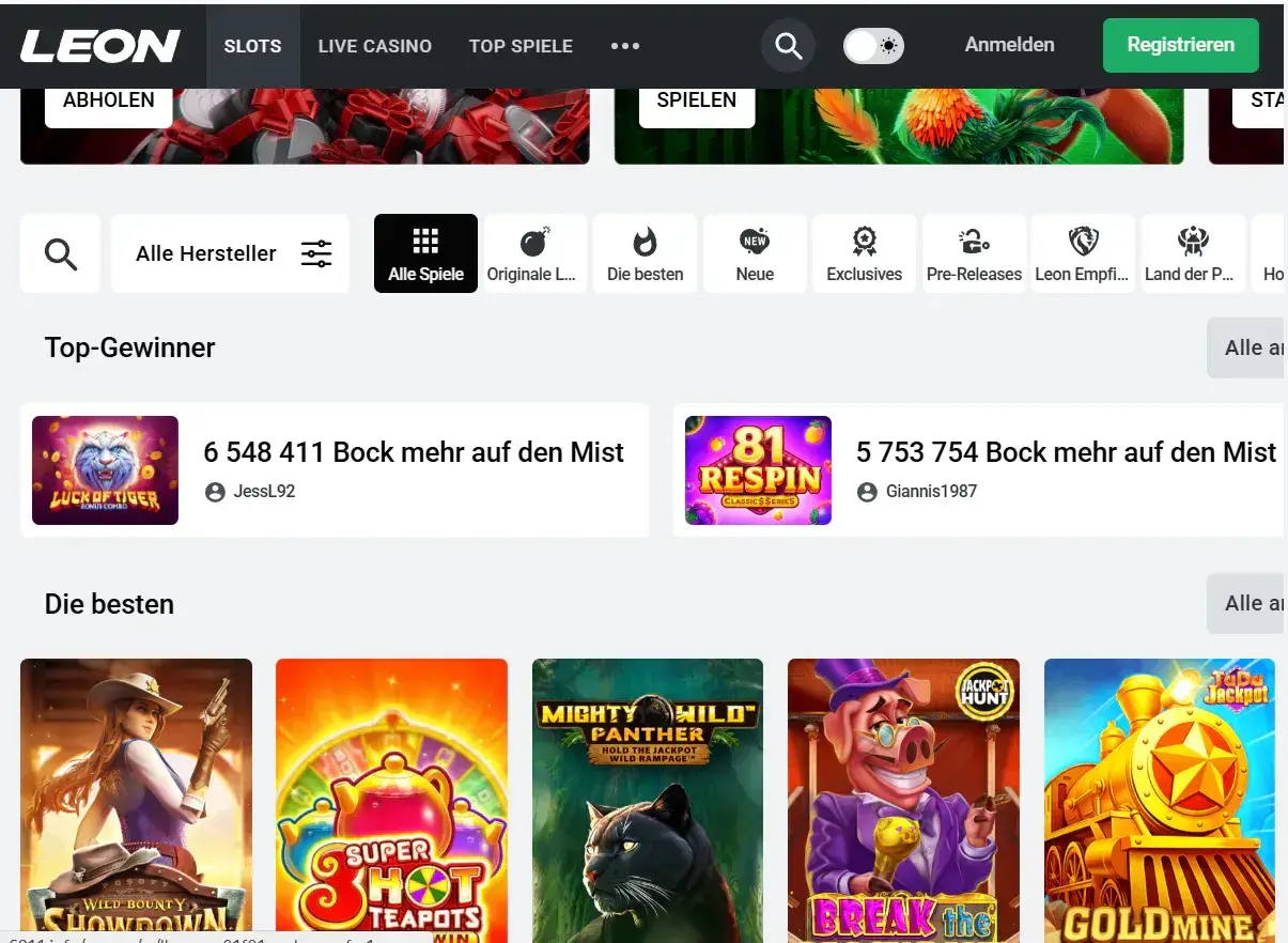 Aktuelle Leon-Startseite oder Casino-Lobby