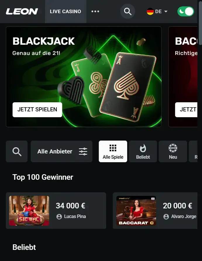 Aktuelle mobile Ansicht der offiziellen Leon Website auf einem Smartphone