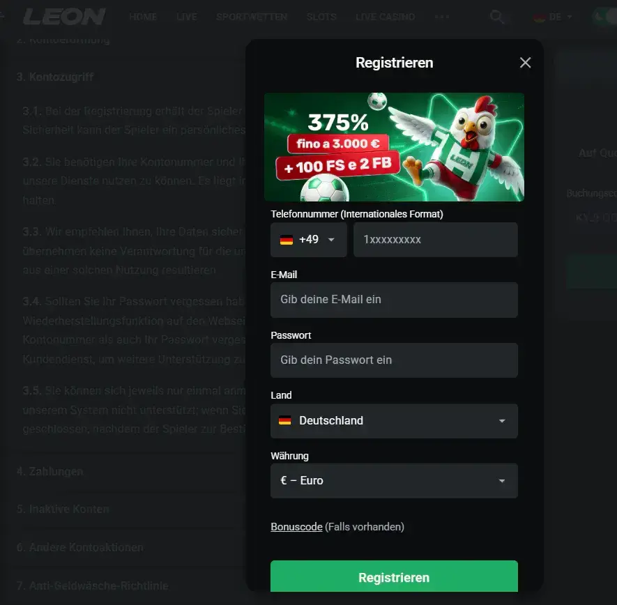 Aktueller Leon Registrierungs- oder Login-Bildschirm