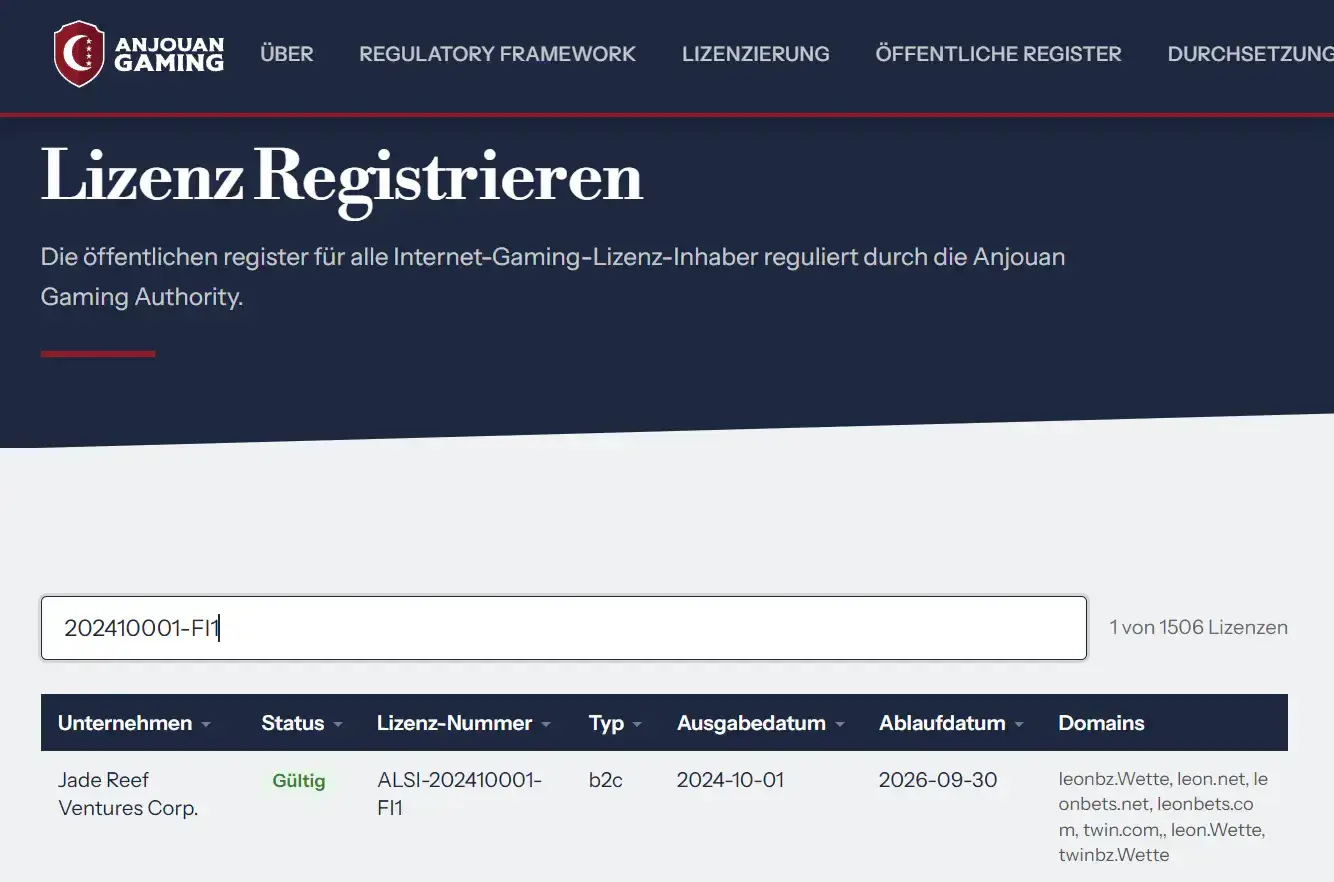 Anjouan-Lizenzregistereintrag für Jade Reef Ventures Corp. und leon.bet
