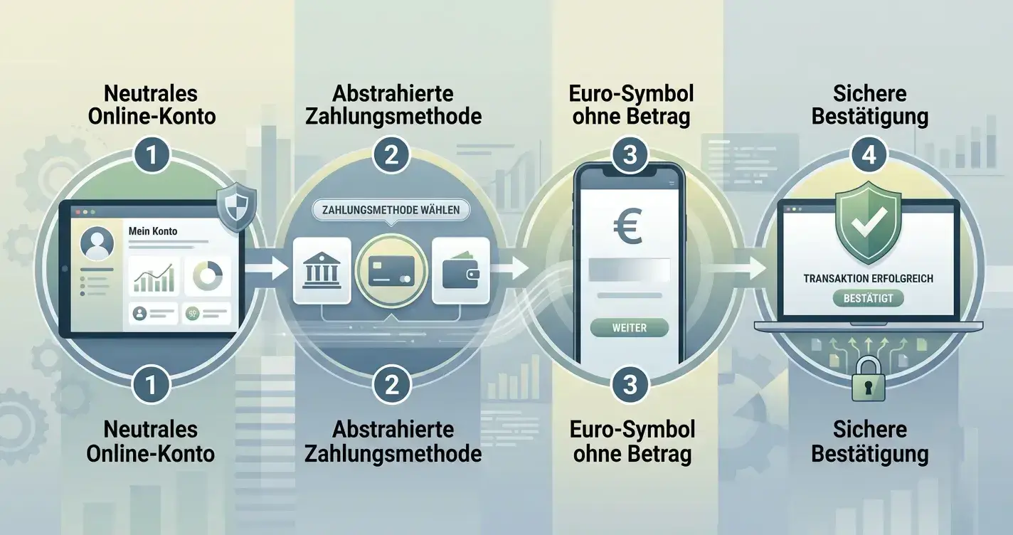 Illustration einer Einzahlung mit Konto, Zahlungsmethode, Euro-Betrag und Bestätigung