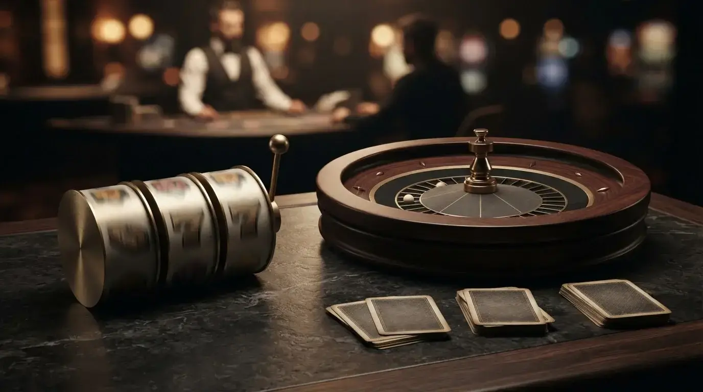 Illustration verschiedener Casino-Spielkategorien mit Slots, Roulette und Blackjack ohne Markenlogos